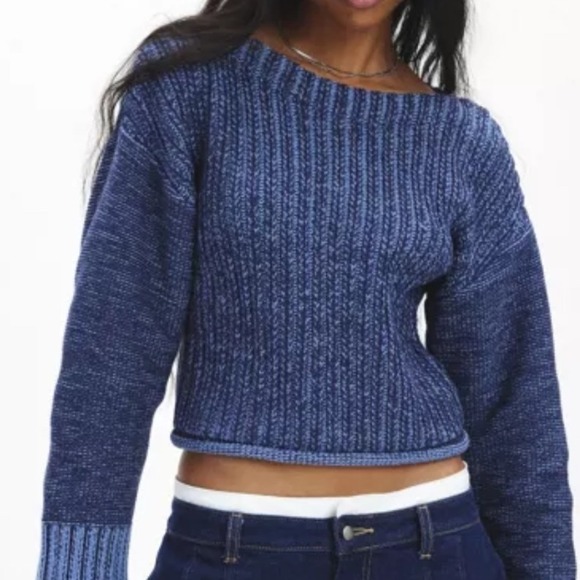 BDG Sweaters - BDG Maria Boatneck Pullover Sweater Blue Ribbed Knit Cropped Cotton Size S